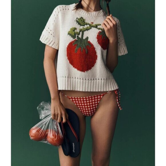 Maeve Short-Sleeve Crew-Neck Veggie Motif Graphic Sweater Tomato XLP - Picture 1 of 3